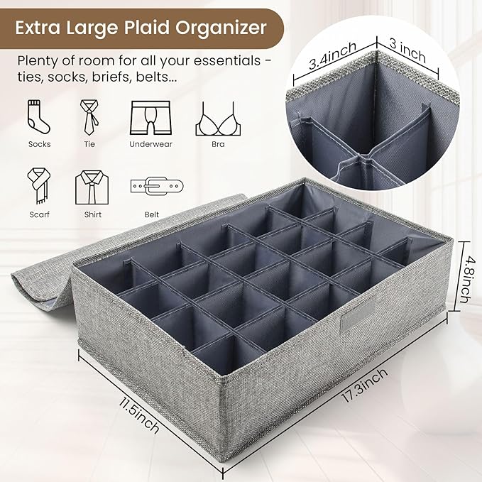 2 Pack Large Grid Sock Organizer Divider, 20 Cell with Lid, Fabric Foldable, Tie Organizer for Men for Storing Socks, Tie, Ha