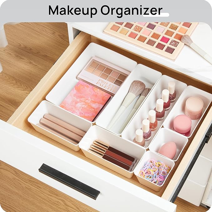 Vtopmart 44 PCS Plastic Drawer Organizers Set, 4-Size Versatile Bathroom and Vanity Organizer Trays, Non-Slip Storage Contain
