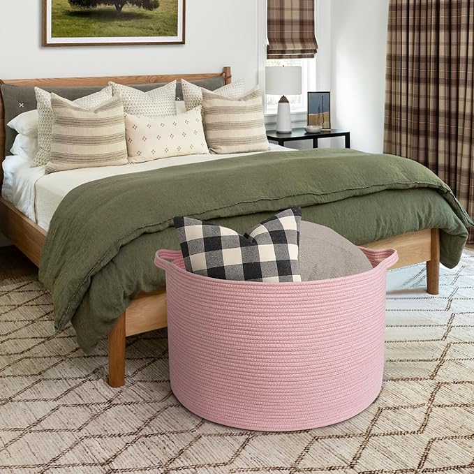 MEGASKET 115L Oversized Pink Basket, 23.6"x15.7" Woven Cotton Rope Bin with Handles, XXXL Blanket Storage for Living Room, Ki