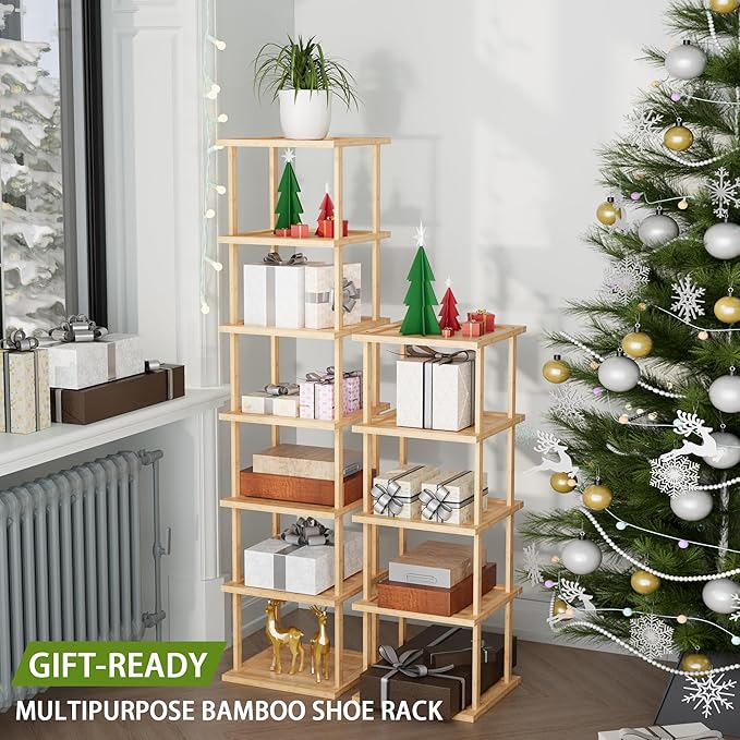 Vertical Tall Shoe Rack Organizer for Entryway -12 Tier Free Standing Slim Narrow Bamboo Wood Corner Stackable Shoe Boots Sto