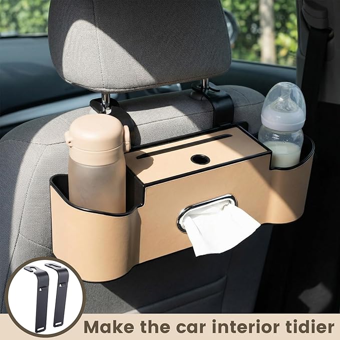 LemonRoad 2 Pack Multifunctional Car Seat Back Storage Box Car Seat Back Organizer with Tissue Box, 2 Cup Holders and Hooks for Hold Phone, Drinks, Handbag, Fits for Most Vehicles (Beige)