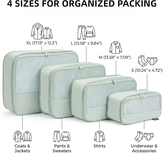 4 Piece Compression Packing Cubes for 3–7 Day Travel, Lightweight Travel Organizers with Breathable Mesh, Double-Zipper Packi