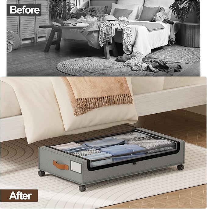 LAMU Under Bed Storage with Wheels 2 Pack, Under Bed Storage Containers with Clear Lid & PU Leather Handle, 6.7 Inches Height