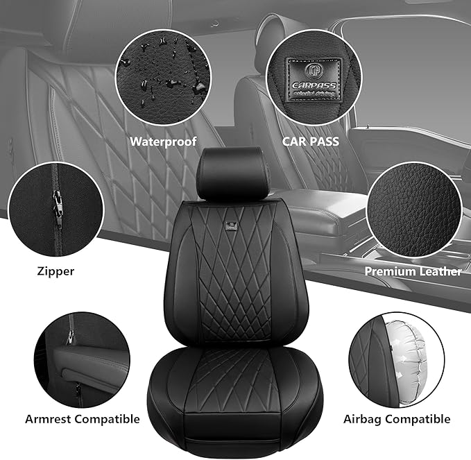 CAR PASS Leather Seat Covers Full Set, Luxury Seat Protector for Cars, Waterproof PU 5-Seat Car Seat Covers Universal for SUV