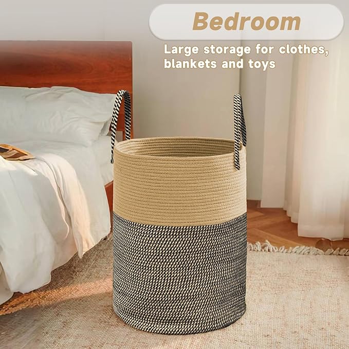 JMvicyroam Large Woven Laundry Basket Hamper,100L Cotton Rope Storage Bin for Blankets,Toys and Clothes,Decorative Tall Nurse