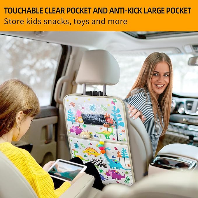 kids Leather Car Backseat Organizer with Foldable Table Tray, Car Storage Organizer with Tablet Holder, Car Seat Back Protectors Kick Mats, Travel Accessories (Dinosaur)