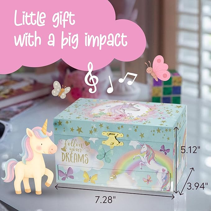 The Memory Building Co Unicorn Musical Jewelry Box Plays Classic Melody, Storage Organizer Music Box for Kids Ages 6-12, MDF 