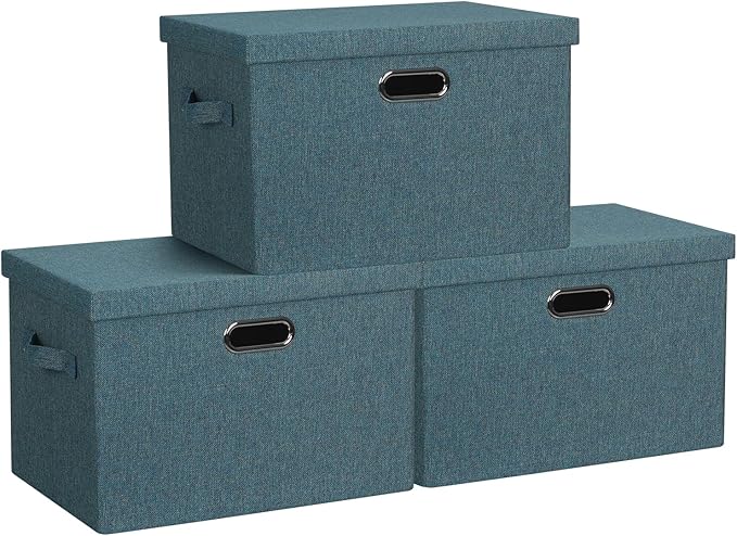 Graciadeco Large 17" 36 Quart Collapsible Stackable Storage Bins with Lids, 3 Packs Blue-Green Linen Fabric Closet Boxes with