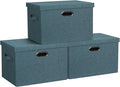 Graciadeco Large 17" 36 Quart Collapsible Stackable Storage Bins with Lids, 3 Packs Blue-Green Linen Fabric Closet Boxes with