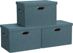 Graciadeco Large 17" 36 Quart Collapsible Stackable Storage Bins with Lids, 3 Packs Blue-Green Linen Fabric Closet Boxes with
