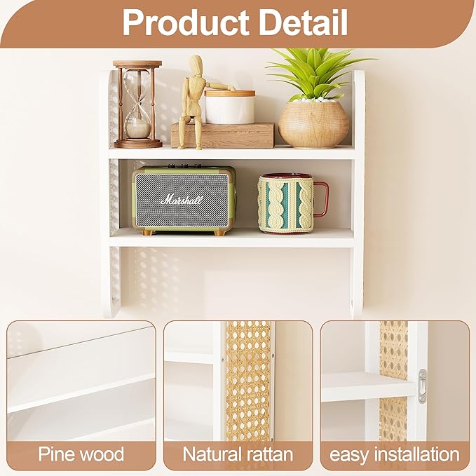 2-Tier Rattan Shelf, White Rattan Bookshelf Wall Mounted, Handmade Woven Display Shelf, Decorative Boho Shelves for Entryway,