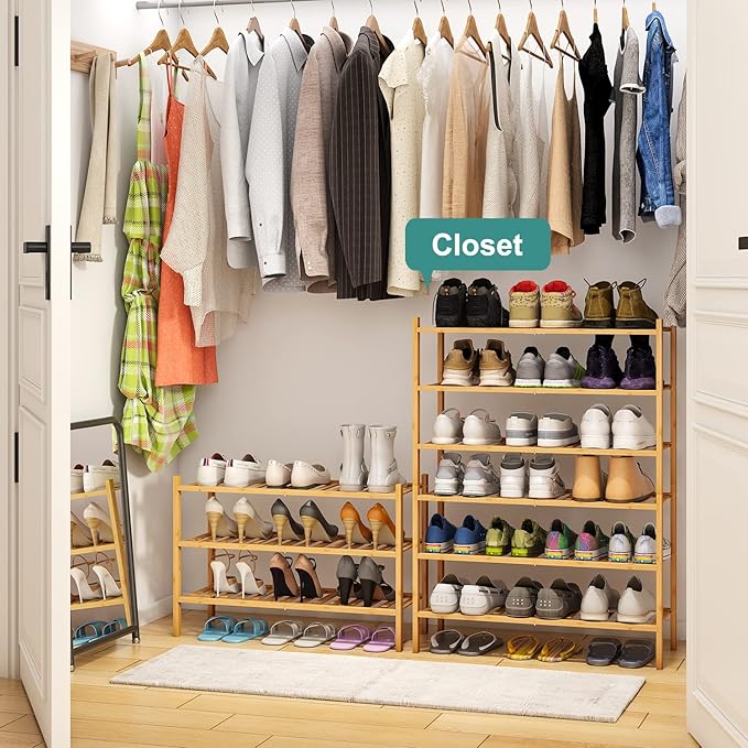 viewcare 6-Tier Bamboo Shoe Rack for Entryway, Stackable | Foldable | Natural, Shoe Organizer for Hallway Closet, Free Standi