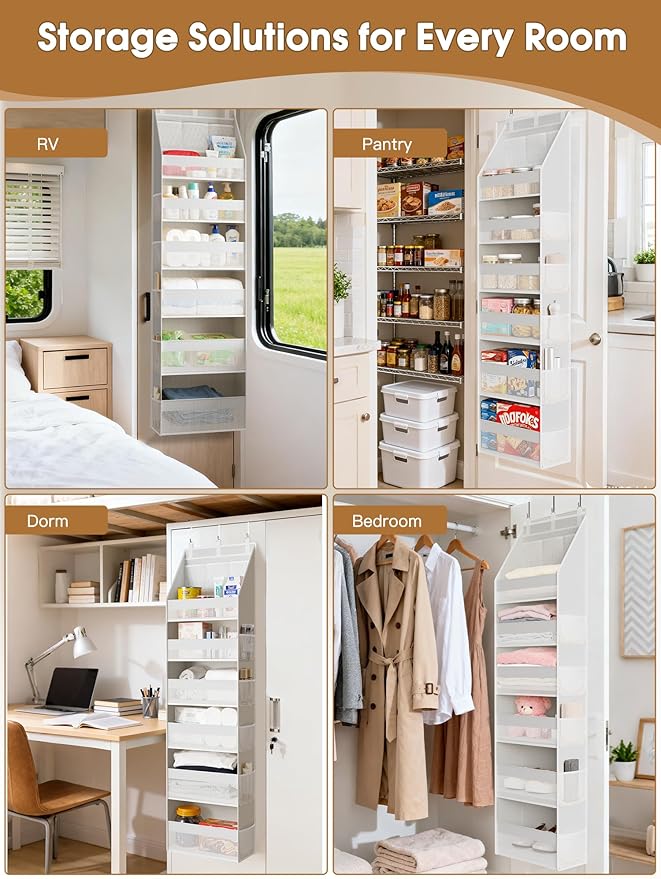 Criusia Over the Door Organizer, Heavy-Duty 6-Shelf Hanging Storage with 13 Mesh Pockets, 55lbs Capacity Behind the Door Stor