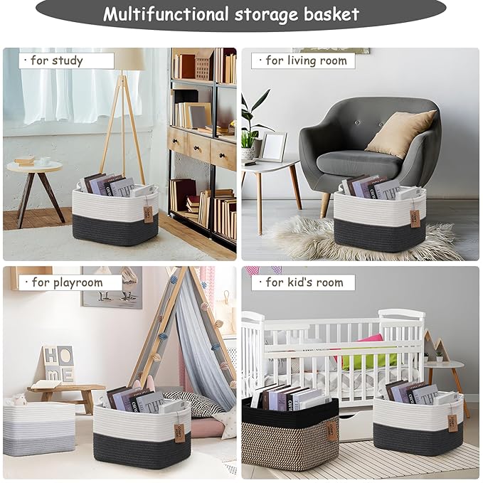 COMFY-HOMI Cotton Rope Woven Basket with Handles for Shelves,Toys,Book, Cloth Storage Baskets Bin for Organizing-13.5"x11"x9.