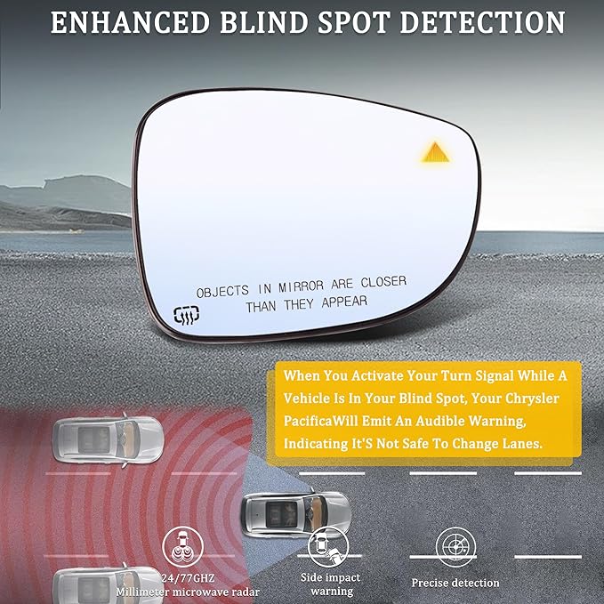 Right Side Mirror Glass w/Heated|Blind Spot Detection Compatible for 2017-2024 Chrysler Pacifica, 2020-2024 Voyager Passenger Mirror Glass Replacement 68318282AB ﻿