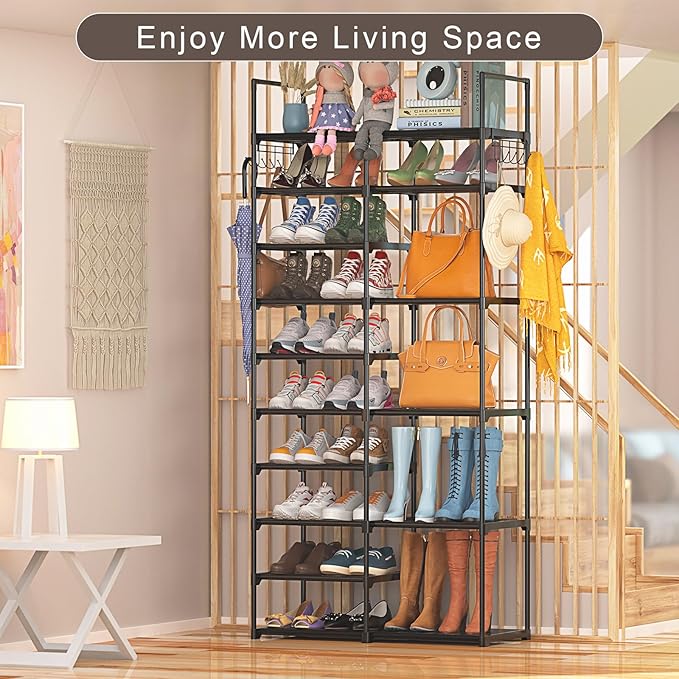 Kottwca 2 Row 10 Tier Tall Shoe Rack Organizer for Closet Entryway, 40-45 Pair Shoe Boot Storage Rack, Metal Shoe Shelf Small