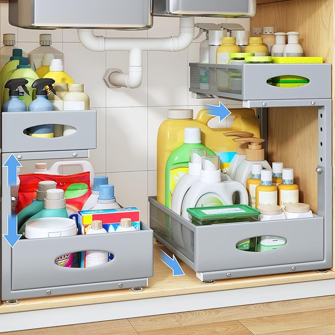 Under Sink Organizer, 2 Pack 2 Tier Pull Out Under Cabinet Organizer Shelf with Pad for Framed Cabinets, Metal Slide Out Unde