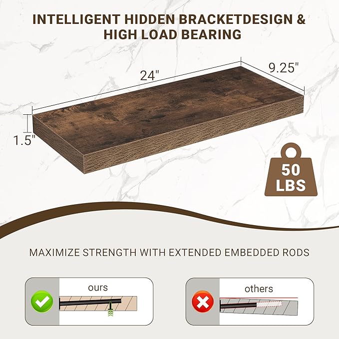 24 Inch Floating Shelves, 3D Textured 24"x9.25"x1.5" Inch Deep Floating Shelves for Wall, Wooden Shelves for Bathroom, Bedroo