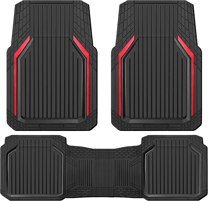 CAR PASS Heavy Duty Rubber Floor Mats for Car, Waterproof Liner Deep Dish Car Mats Full Sets, Universal Trim to Fit for SUV Truck Sedans Vans, All Weather Automotive Floor Mats 3pcs, Black Red
