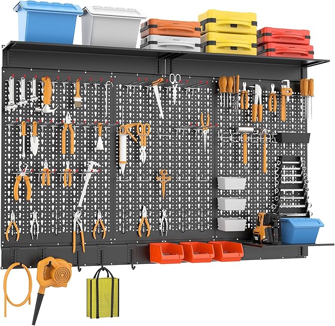 WALMANN 113 PCS Pegboard Wall Organizer Kit with Pegboard Hooks, Bins, Shelves, Pegboard Tools Storage System for Garage, Wor