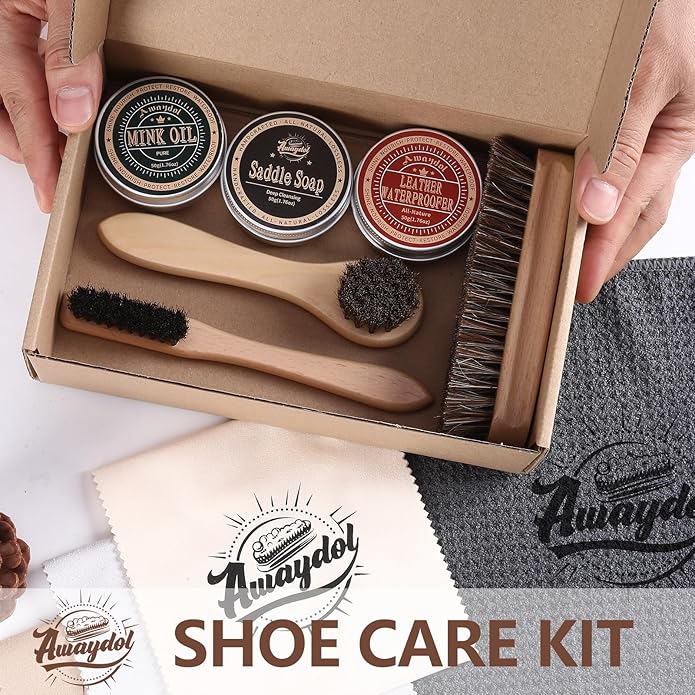 10 PCS Leather Care Kit - Horsehair Brushes,Saddle Soap,Waterproofing Wax,Mink Oil Conditioner,Polishing Cloth,Microfiber clo