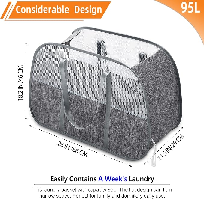 Collapsible Laundry Baskets with Easy Carry Handles, 95L Clothes Hamper for Storage, Foldable Laundry Basket Tear-proof, Larg