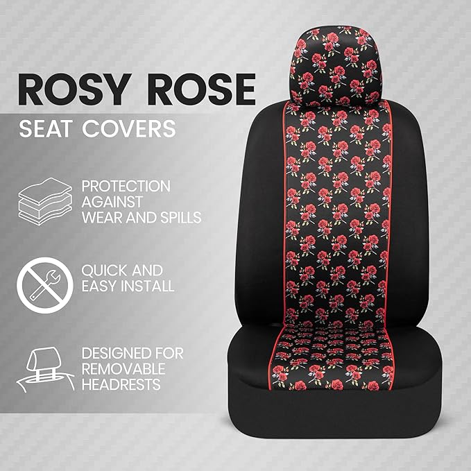 BDK Red Rose Car Seat Covers for Front Seats, 2 Pack – Flower Pattern Front Seat Cover Set with Matching Headrest, Sideless D