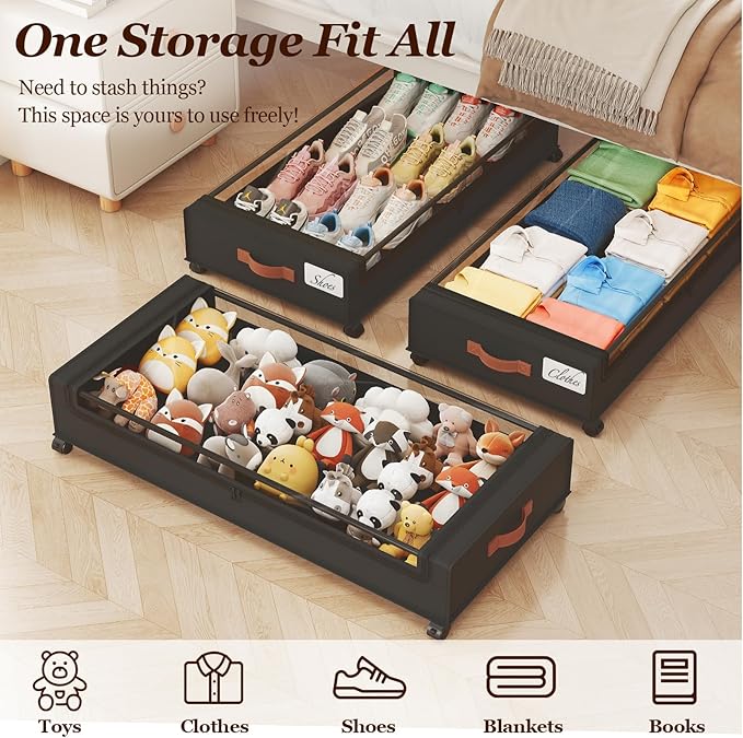 Yecaye 70L Under Bed Storage with Wheels, 3 Pack Larger Capacity Under Bed Storage Containers, Underbed Shoe Storage Organize