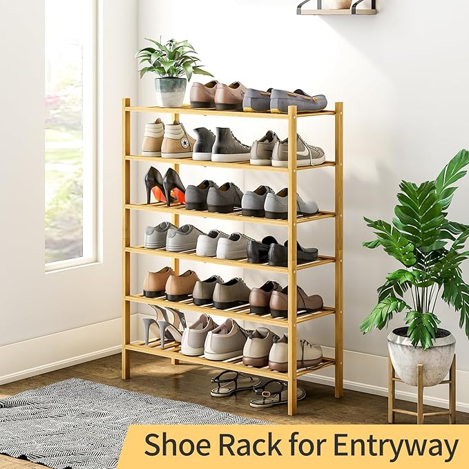 6-Tier Bamboo Shoe Rack for Entryway, Stackable | Heavy Duty | Multi-Function, Free Standing Shoe Racks for Bedroom Hallway C