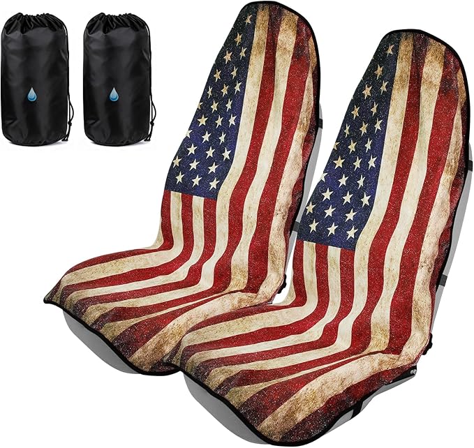 American Flag Car Seat Towel Protector (2-Pack), Waterproof Sweat-Proof Non-Slip Cover for SUV, Truck & Sedan, Patriotic Seat
