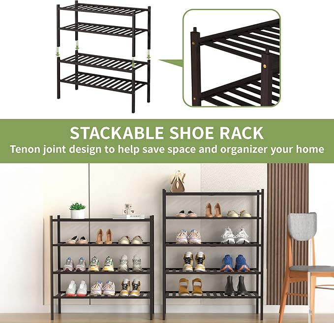 ROMGUAR CRAFT 5 Tier Bamboo Shoe Rack for Closet Free Standing Wood Shoe Shelf for Entryway Small Space Stackable 27"x11"x33"