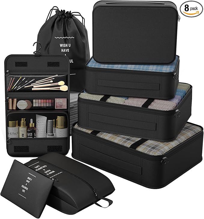 8 Set Packing Cubes for Travel,Suitcase Organizer Bags for Luggage with Shoe & Hanging Toiletry Bag, Vacation Essentials & Ac