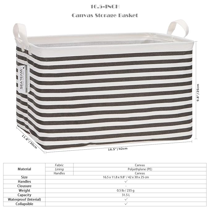 Sea Team Collapsible Canvas Fabric Storage Basket with Handles, Rectangle Waterproof Storage Bin, Box, Cube, Foldable Shelf B