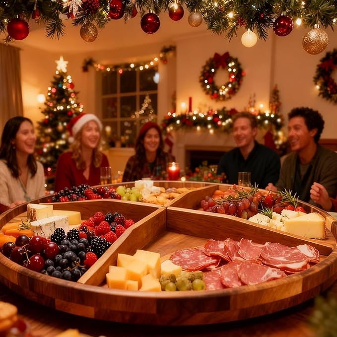 Utoplike Extra Large Acacia Wood Serving Tray, 23.6'' Round Charcuterie board, Cheese board with Rotating Base Raised Edge an