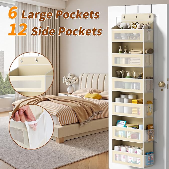 Over The Door Organizer with 6 Large Pockets, Over the Door Storage 12 Side Pockets, Hanging Door Organzier 44 lb Load Behind