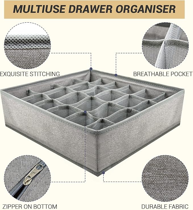 PINGMIC Gray Sock Organizer Divider 2 Pack - 24 Cell Foldable Closet Storage, Tie Organizer For Men Boxes for Socks, Ties, Be