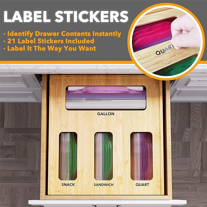 SpaceAid Bamboo Drawer Dividers with Inserts and Labels, 4 Dividers with 9 Inserts (17-22 in), Bag Storage Organizer (1 Box 4