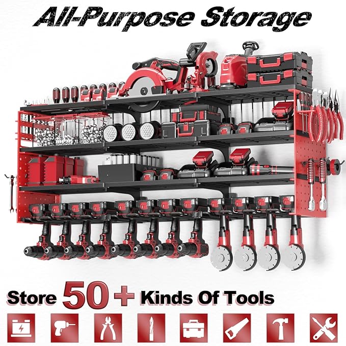 Power Tool Organizer Wall Mount, Cordless Drill Hanger Storage Rack 8 Drill Holder, 4 Layer Heavy Metal Large Capacity Tool R