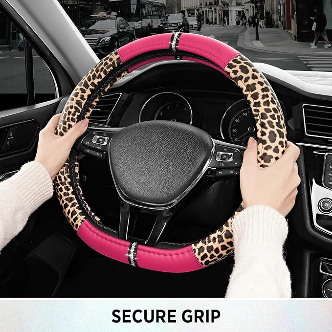 Road Comforts Leopard Steering Wheel Cover for Women, Cute Anti-Slip Microfiber Leather, Fits D Shape Flat Bottom Steering Wh