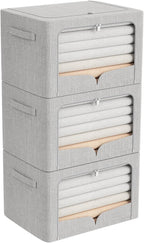 FHSQX 3 Pack Clothes Storage Bins Foldable Metal Frame Storage Box Extra Large Stackable Linen Fabric Organizer Set with Carr