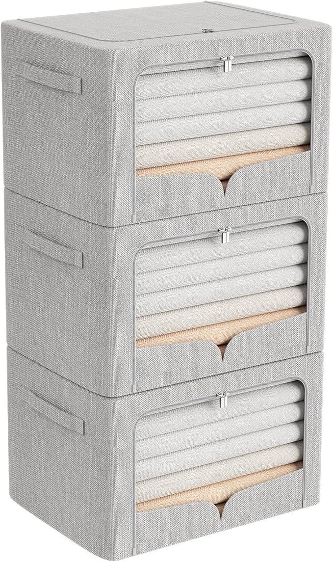 FHSQX 3 Pack Clothes Storage Bins Foldable Metal Frame Storage Box Extra Large Stackable Linen Fabric Organizer Set with Carr