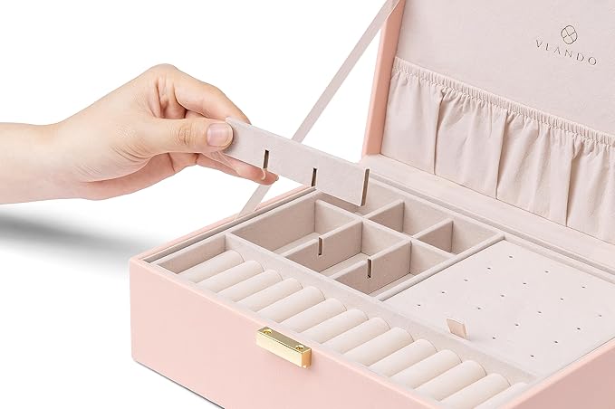 Vlando 2 Layer Jewelry Box Large Jewelry Organizer for Women Removable Jewelery Tray for Necklace Earrings Rings Bracelets Je