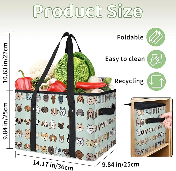Reusable Grocery Bags Heavy Duty Shopping Bags Foldable Large Tote Bags with Long Handles & Hard Bottom