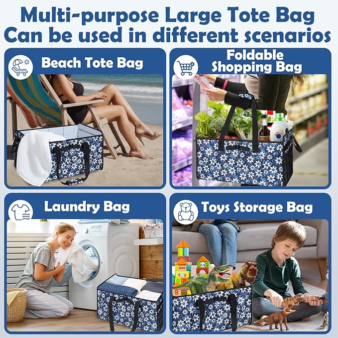 Muzale Extra Large Utility Tote Bag with Wire Frame Heavy Duty Grocery Bags Reusable Shopping Bags for Groceries with Handles Foldable XL Beach Bag for Travel Picnics Camping Car Trunk Organization