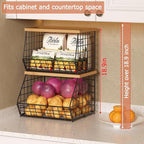 2 Set Stackable Wire Basket with Wooden Tops & Pad for kitchen organizers and storage, XXL Kitchen Counter Organizer for Frui