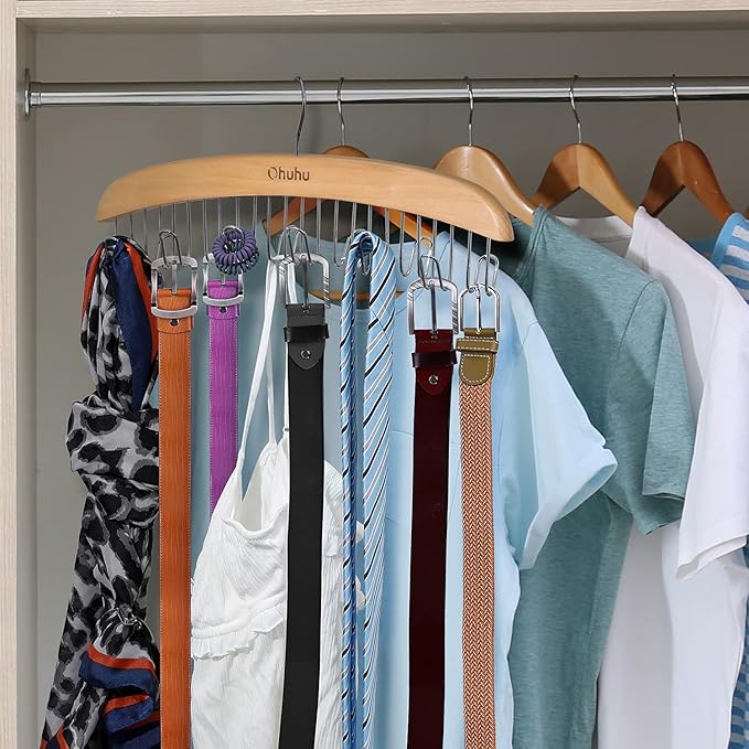 Belt Hanger Organizer for Closet: Ohuhu 2 Pack 12 Hooks Max 36 Belts Tie Rack Wooden Belt Holder for Storage 360 Degree Rotat