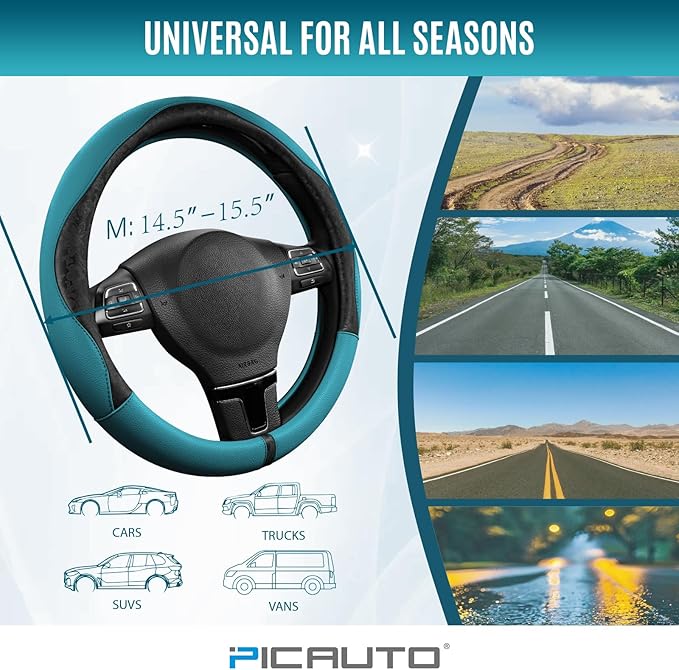 PIC AUTO Steering Wheel Cover, Black Patterned & Blue Leather Patchwork Design, Universal Fit 14.5"–15.5", Anti-Slip, Odor-Fr