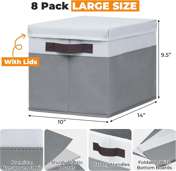 Criusia 8 Pack Closet Storage Bins with Lids - Stackable Storage Baskets for Organizing Clothes Toys Blankets - Odorless for 