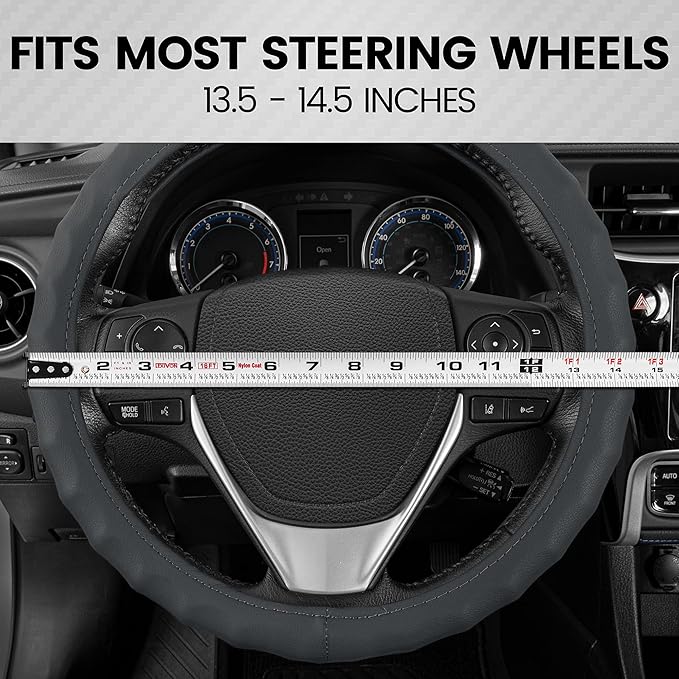 BDK Genuine Gray Leather Steering Wheel Cover for Car, Small 13.5-14 inch – Ergonomic Comfort Grip for Men & Women, Car Steer