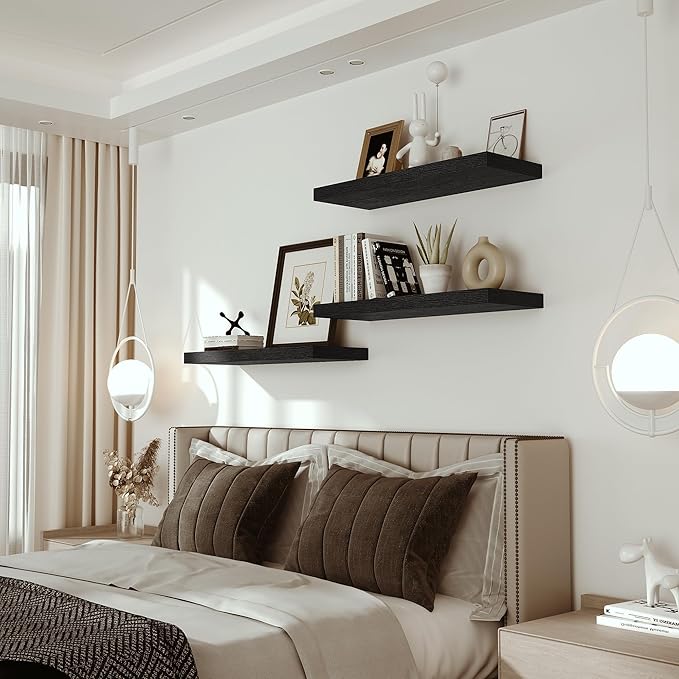 Vivelove Black Floating Shelves for Wall Mounted, 24 inchs x 9.1” Deep x 1.6” Thick Wall Shelves for Bedroom, Living Room, Ba